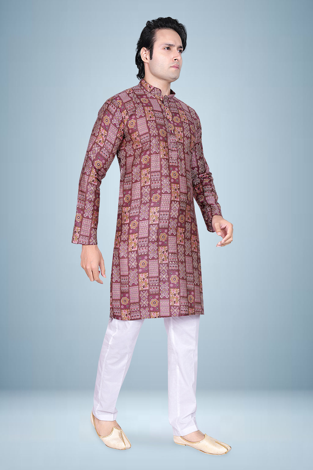 "Traditional Men's Maroon Printed Kurta with White Pajama - Festive & Ethnic Wear"