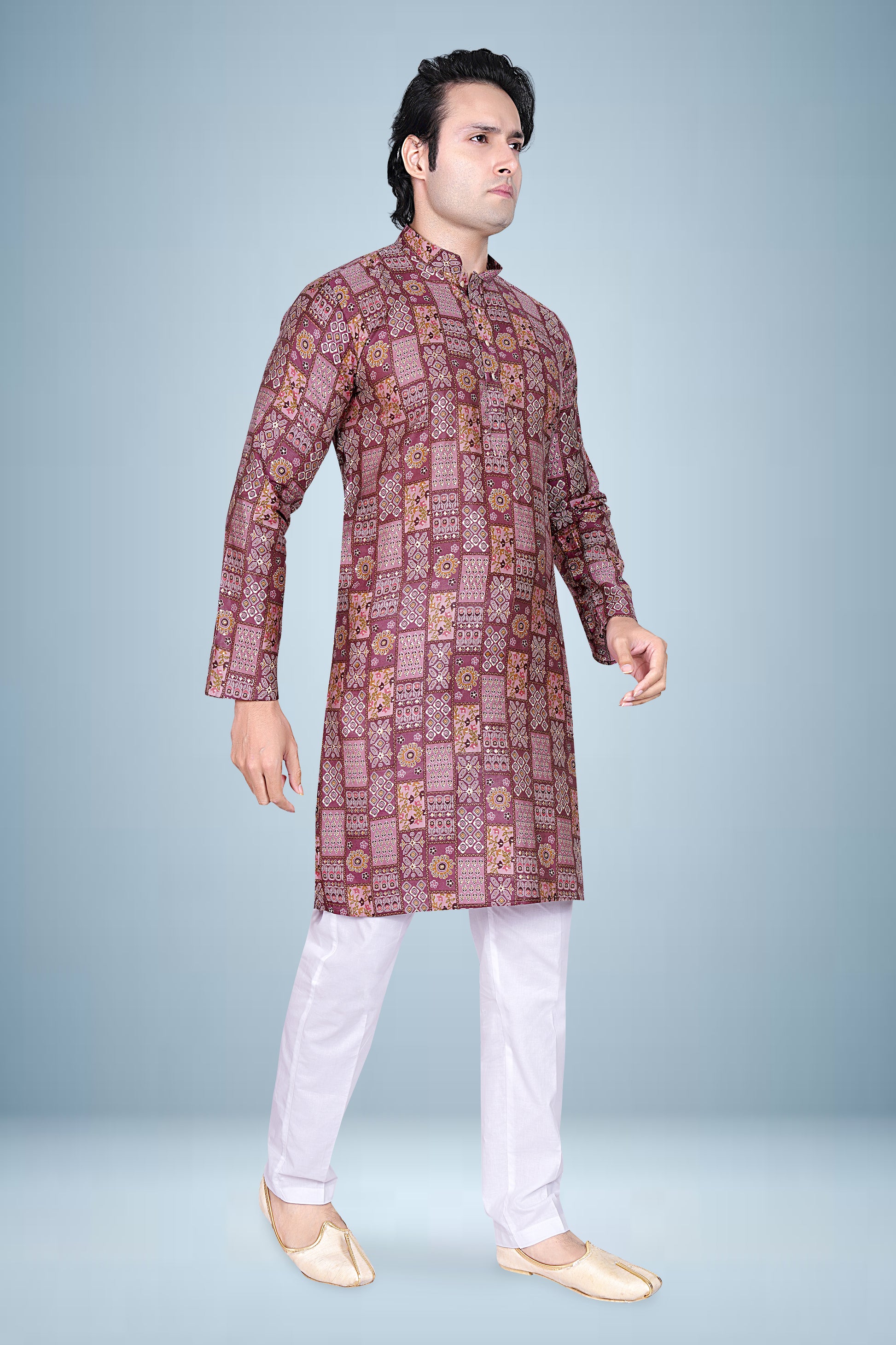 "Traditional Men's Maroon Printed Kurta with White Pajama - Festive & Ethnic Wear"