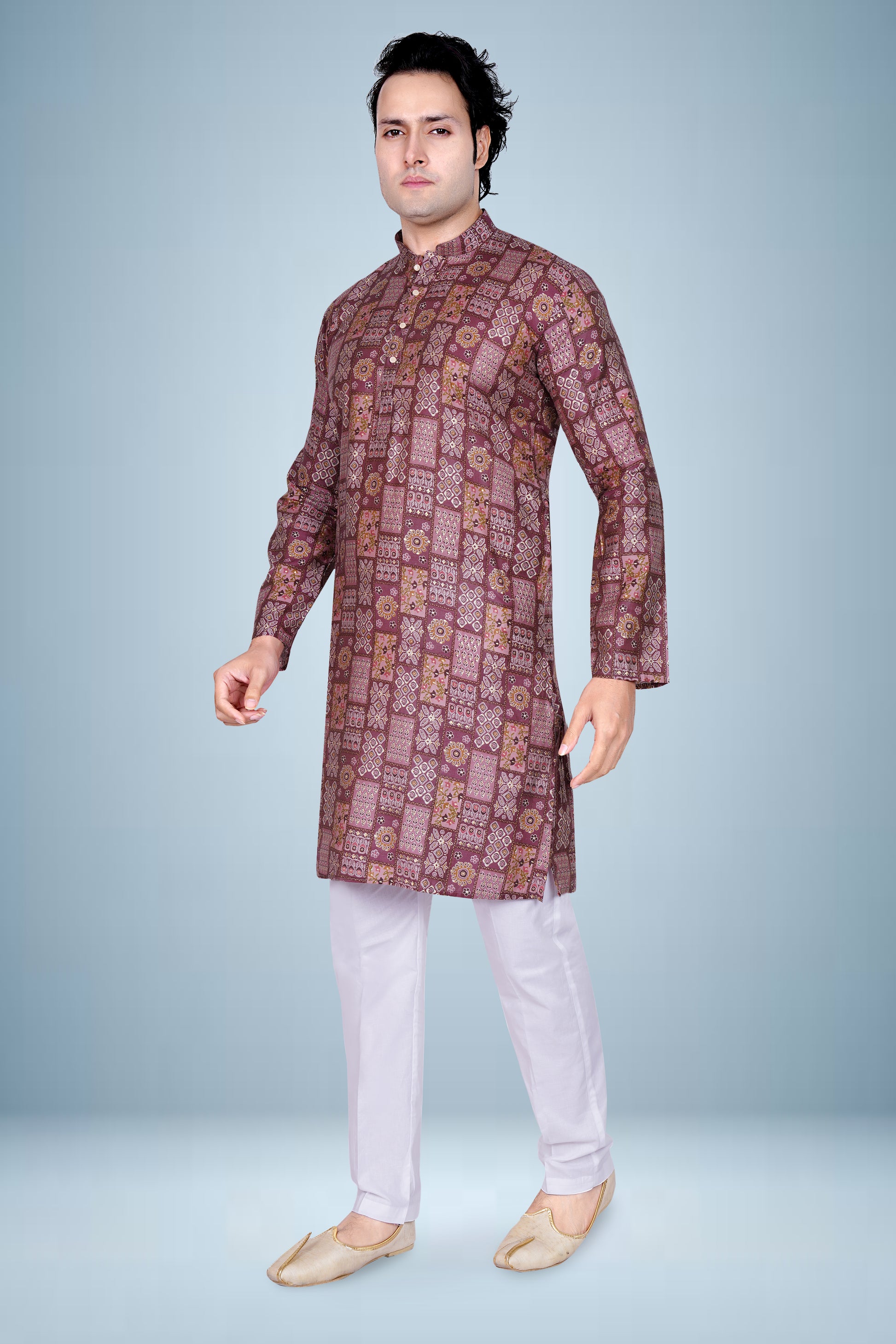 "Traditional Men's Maroon Printed Kurta with White Pajama - Festive & Ethnic Wear"