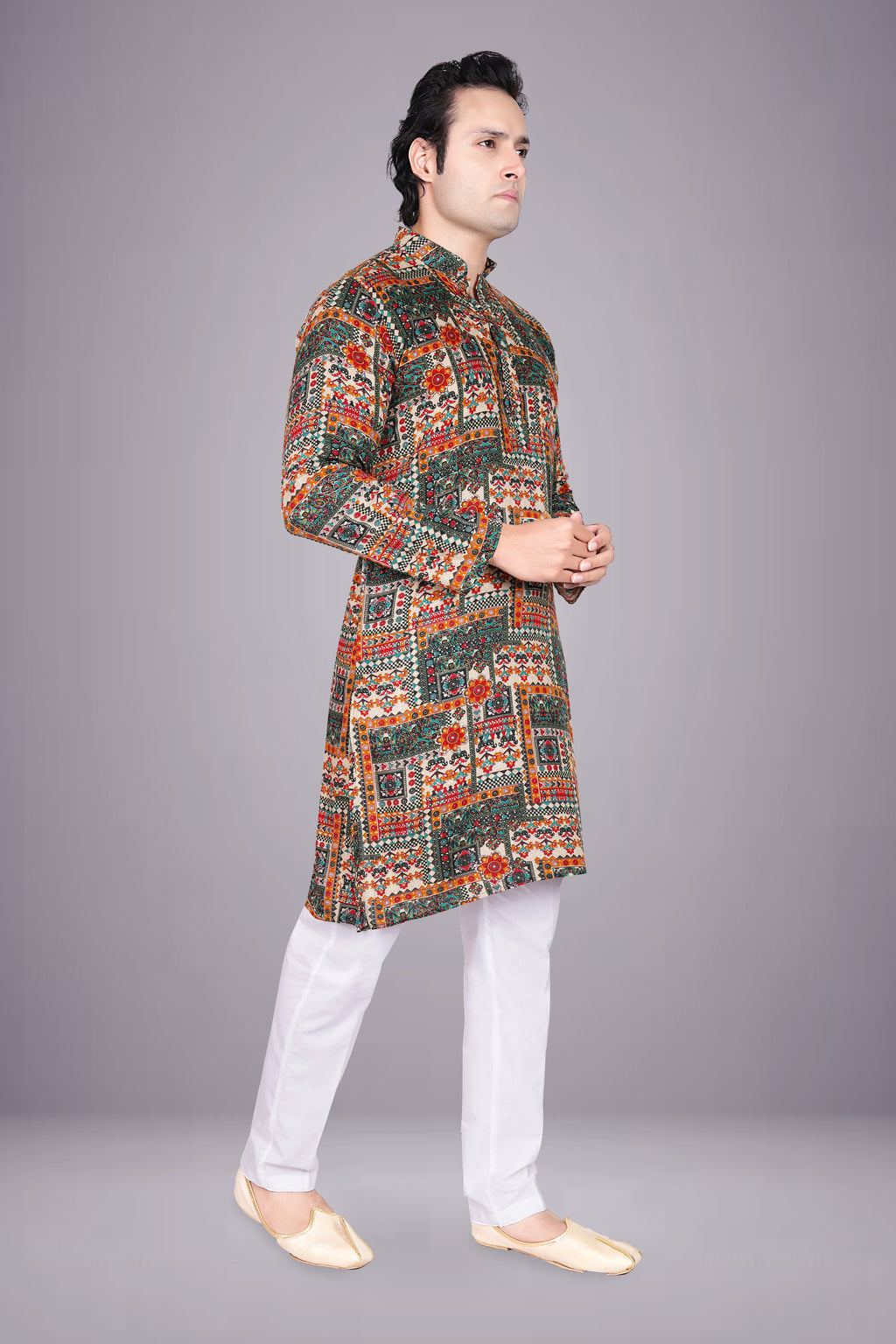 "Men's printed Long Kurta - Geometric Multicolor & Floral Patchwork Design"
