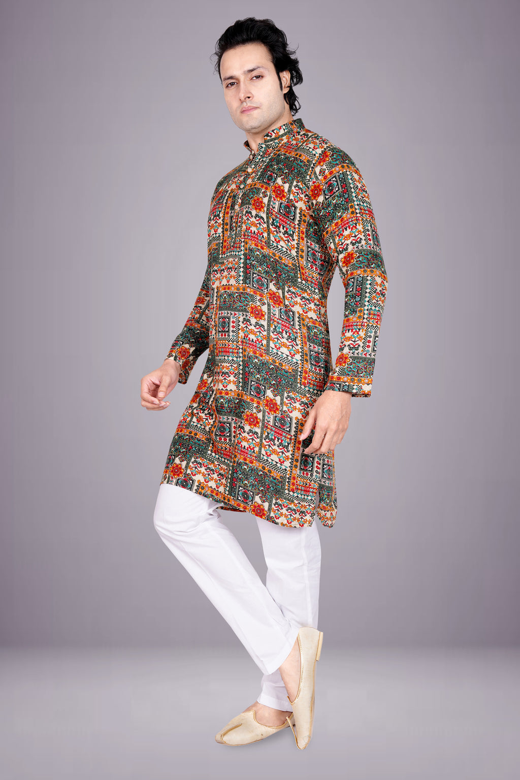 "Men's printed Long Kurta - Geometric Multicolor & Floral Patchwork Design"