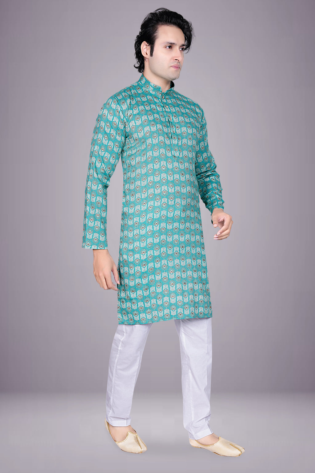 "Heritage & Comfort Blend Ethnic - Inspired Peacock Wings Print Kurta"