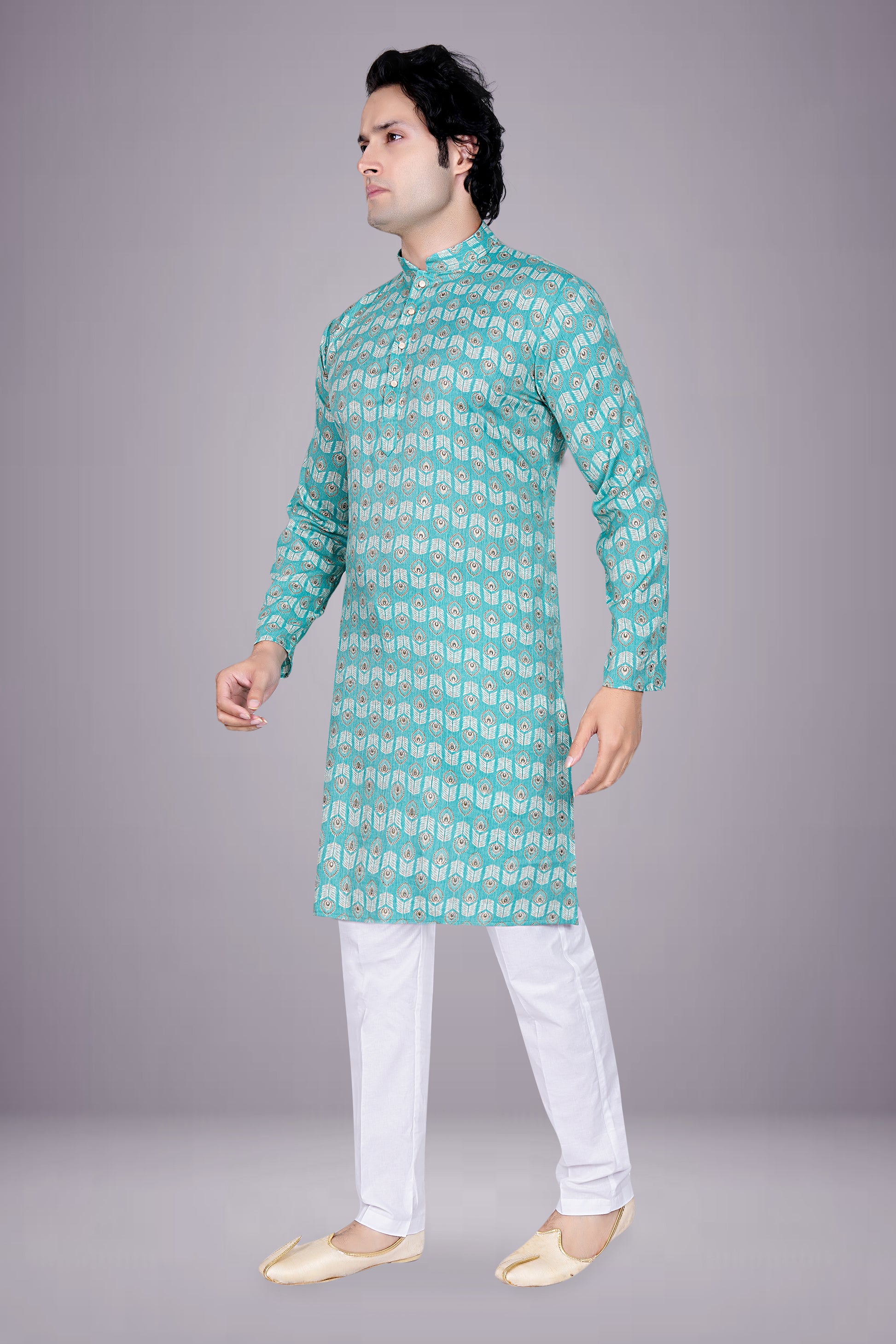 "Heritage & Comfort Blend Ethnic - Inspired Peacock Wings Print Kurta"