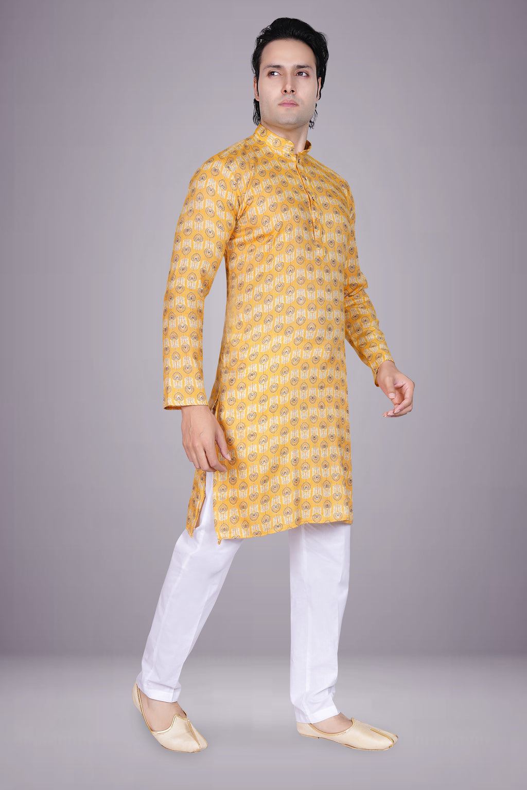 "Men's Yellow Cotton Kurta with Mor Pankh Print"