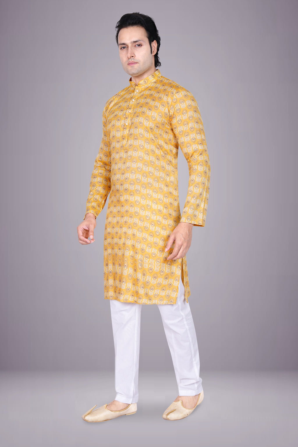 "Men's Yellow Cotton Kurta with Mor Pankh Print"