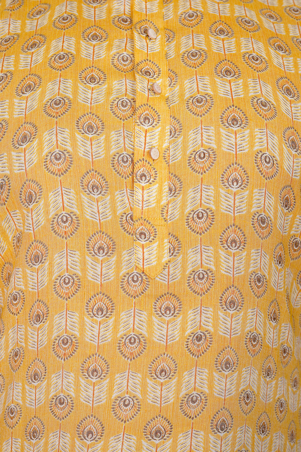 "Men's Yellow Cotton Kurta with Mor Pankh Print"