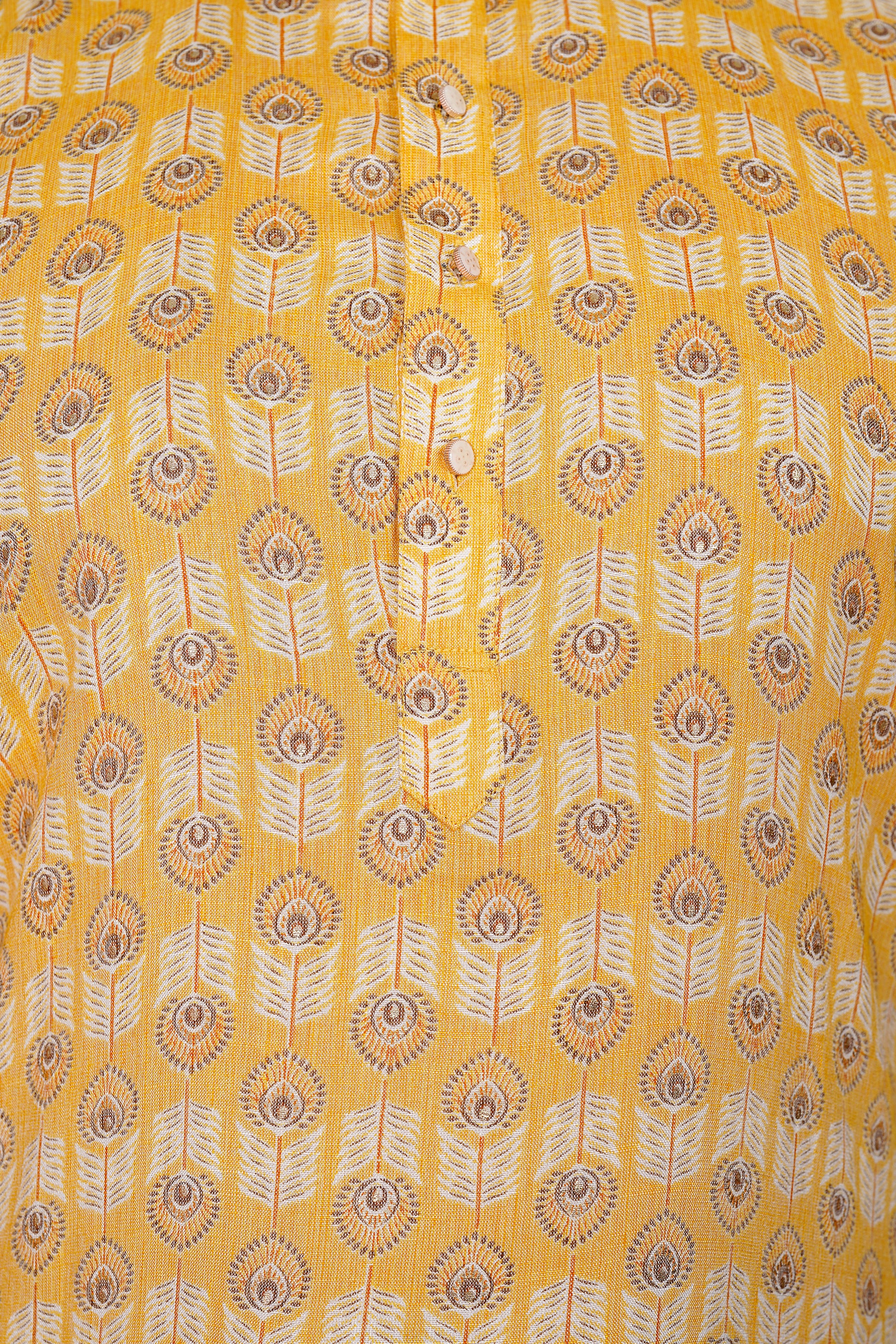 "Men's Yellow Cotton Kurta with Mor Pankh Print"