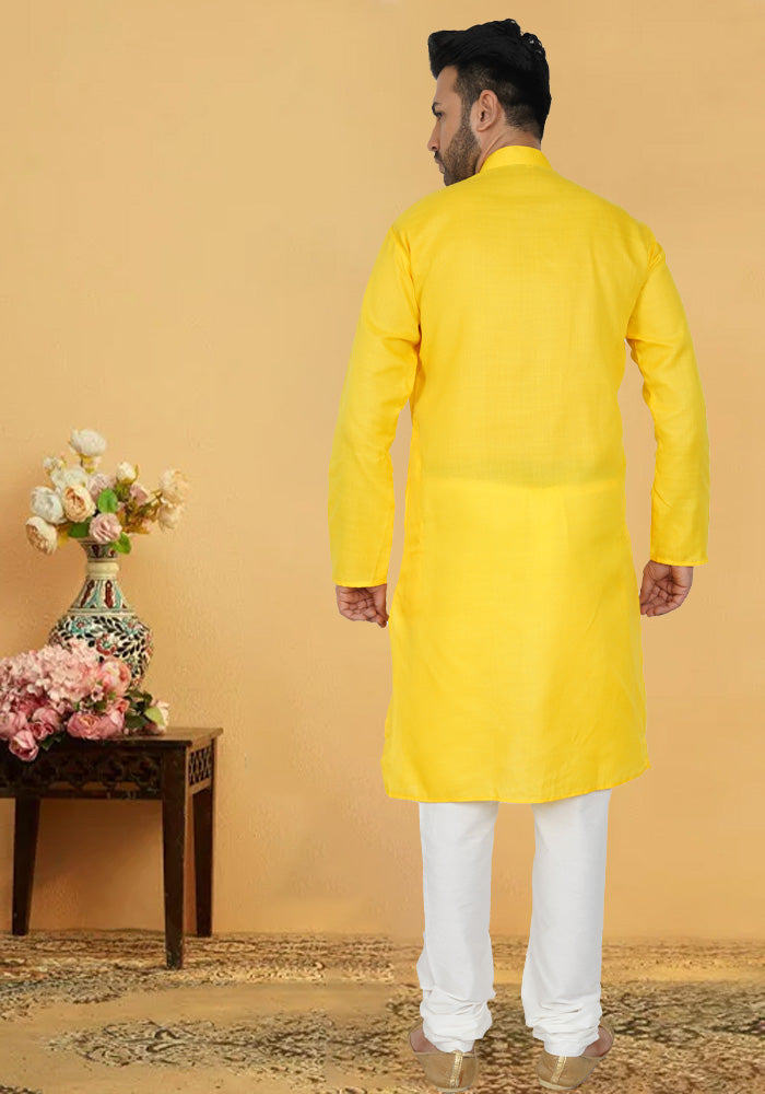 Bright Yellow Self Design Cotton Kurta