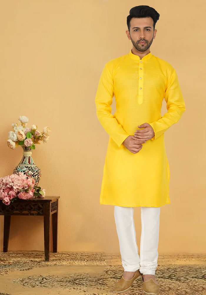 Bright Yellow Self Design Cotton Kurta