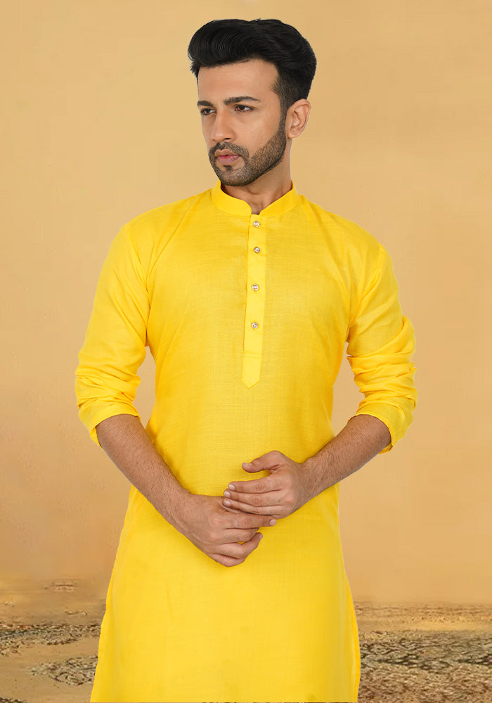 Bright Yellow Self Design Cotton Kurta