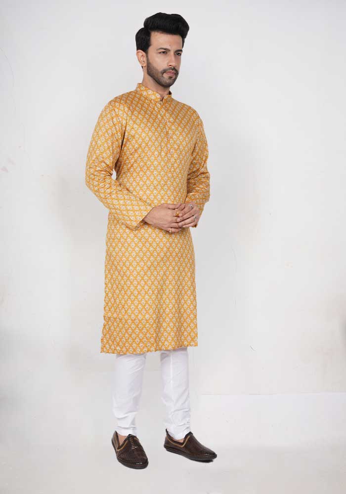 Yellow Printed Cotton Kurta