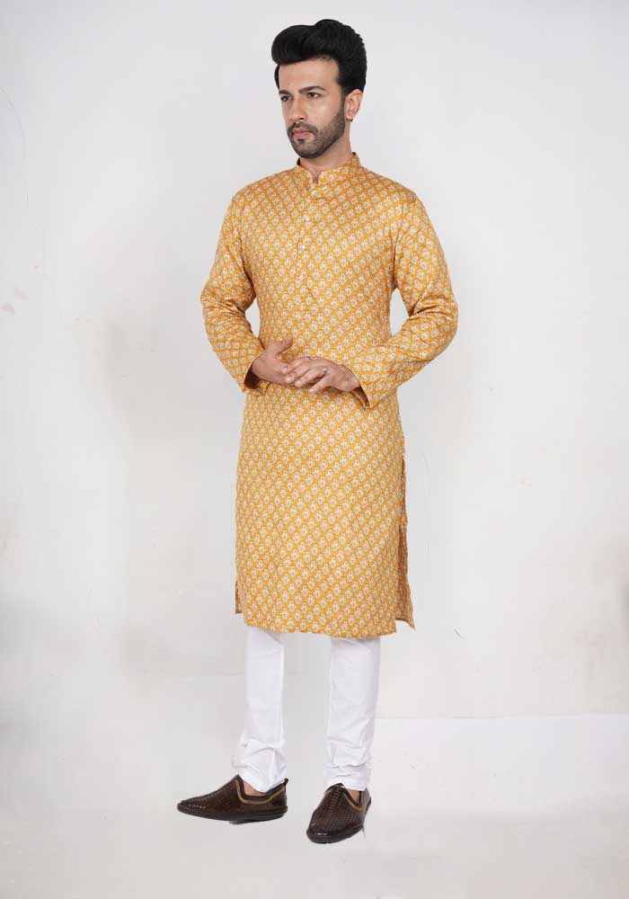 Yellow Printed Cotton Kurta